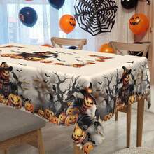 1 pieza Mantel con tema de Halloween, estampado desgastado de calabaza espeluznante, espantapájaros, murciélago, cuervo, árbol marchito, decoración para fiesta de Halloween, fiesta de otoño, decoración del hogar para días festivos, apto para interior y exterior, redondo/rectangular/mantel - Multicolor - Ver 5