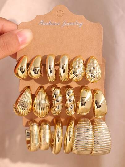 Set de 6-18 piezas de aretes grandes con forma de gota de agua/lágrima, aretes aro grandes con forma de C retorcida y rayada, accesorios exagerados de hip hop, aretes diarios para mujeres