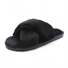 Women's Flat Open Toe Fluffy Slippers, 2025 New Lightweight Warm Comfortable Casual Strap Bedroom Slippers - Black - View 11