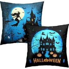 2 pièces Taie d'oreiller d'Halloween Château de sorcière Taie d'oreiller Horreur Pleine lune Nuit Taie d'oreiller Chauve-souris Fantôme Citrouille Housse de coussin Fête de vacances Décoration de maison Canapé Simple sans rembourrage - Bleu azur - Voir 1