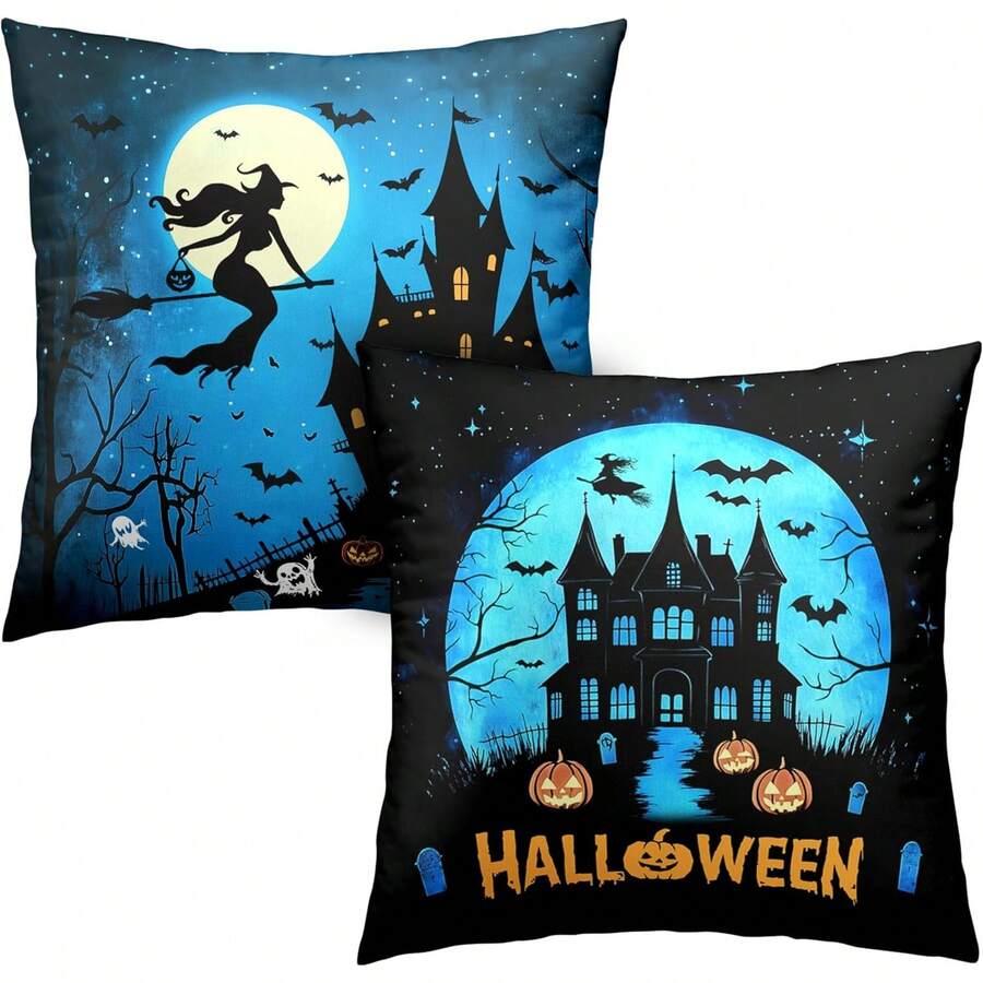2 pièces Taie d'oreiller d'Halloween Château de sorcière Taie d'oreiller Horreur Pleine lune Nuit Taie d'oreiller Chauve-souris Fantôme Citrouille Housse de coussin Fête de vacances Décoration de maison Canapé Simple sans rembourrage - Bleu azur - Voir 1