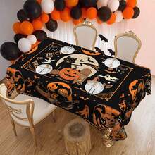 1 Stück Halloween Thema Tischdecke, Katze Mond Geist Fledermaus Orange Schwarz Muster Tischdecke, Halloween Party Dekoration, Herbst Thema Party, Feiertags Heim Dekoration, geeignet für Innen & Außen, Rund/Rechteckig/Tischdecke - Verschiedenfarbig - Übersicht 11