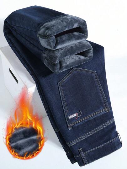 Thermal-Lined Jeans For Men, Warm Straight-Leg Jeans, Thick Insulated Denim Pants For Winter, Fashionable Cotton Jeans With Slant Pockets