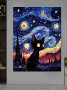1 Bộ Tranh Đính Đá, Tranh Đính Đá Thủ Công DIY Trang Trí Tường, Bầu Trời Đầy Sao Mèo Đen - Nhiều màu - Xem 2