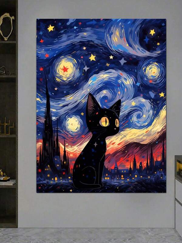 1 Set Kit de Pintura de Diamantes, Decoración de Pared Hecha a Mano con Pintura de Diamantes, Gato Negro Cielo Estrellado