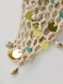 Women's Summer Slim Knit Crop Tops Tie-Up Spaghetti Strap Camisole Y2K V-Neck Split Hem Cutout Sequin Tank Tops For Beach Vacation Boho Streetwear - Màu be - Xem 9