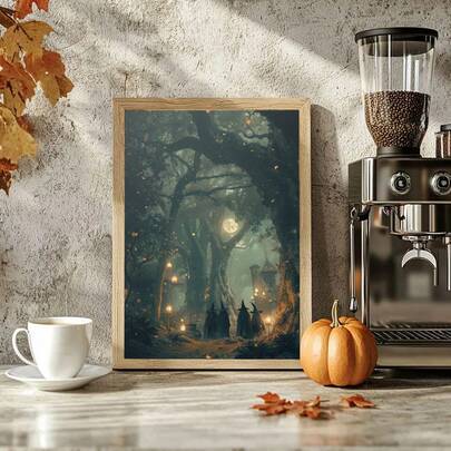 1pc, Canvas Hanging Painting, Framed Art Decoration, Ready To Hang, Wall Arts, Posters, Wall Art With Frame, Vintage Gothic Witch Mural In The Magic Forest, Mythical Witch Halloween Poster Print, Witchcraft Mural, Mysterious Dark College, Fall, Halloween, Halloween Autumn Decoration, Room Decoration, Dormitory Decoration ,Halloween Decor Home Decor Fall Decor