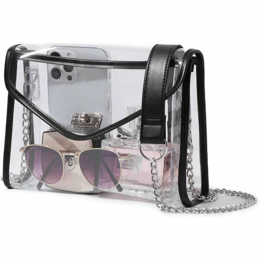 Clear Purse For Women Stadium Approved, Clear Crossbody Bag With Leather Edging For Concert Sports Events - 黑色-銀鍊配肩帶墊 - 查看 1