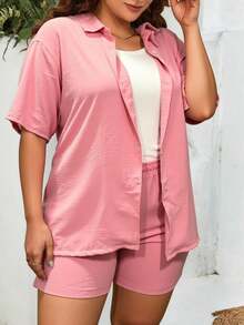 Set Triple de Estilo Relajado: Blusa Abierta, Top Básico y Short de Cintura Alta mod DIANA - Rosa Pálido - Ver 3