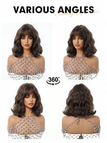 1 件女士合成短波浪鲍勃假发，黑色假发直发，冷棕色假发，短卷发刘海，12 英寸长，适合日常使用，自然逼真的假发，适合万圣节和圣诞节新年狂欢节音乐节角色扮演、女孩礼物、夏季毕业礼物、现成礼物、万圣节圣诞节礼物