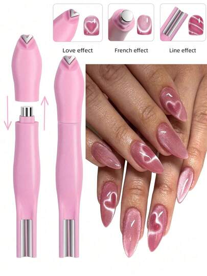 1pc Pink 3D Heart Shaped Nail Art Magnet. 3-In-1 Cat Eye Effect Double Line Snake Pattern French Manicure UV Adsorption Magnet. Multi-Functional UV Gel French Cat Eye Nail Art Tool Magnet, Suitable For Home Manicure Salon DIY, Nail Art Supplies, Nail Tools, Back To School Season, Nail Art, False Nails, Nail Care Tools.