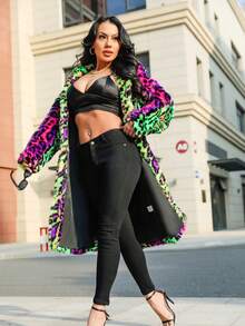 FHILLINUO Women's Colorful Leopard Print Faux Fur Hooded Knee-Length Jacket With Pockets, Long Sleeve, Regular Fit, Non-Stretch - 彩色 - 查看 6