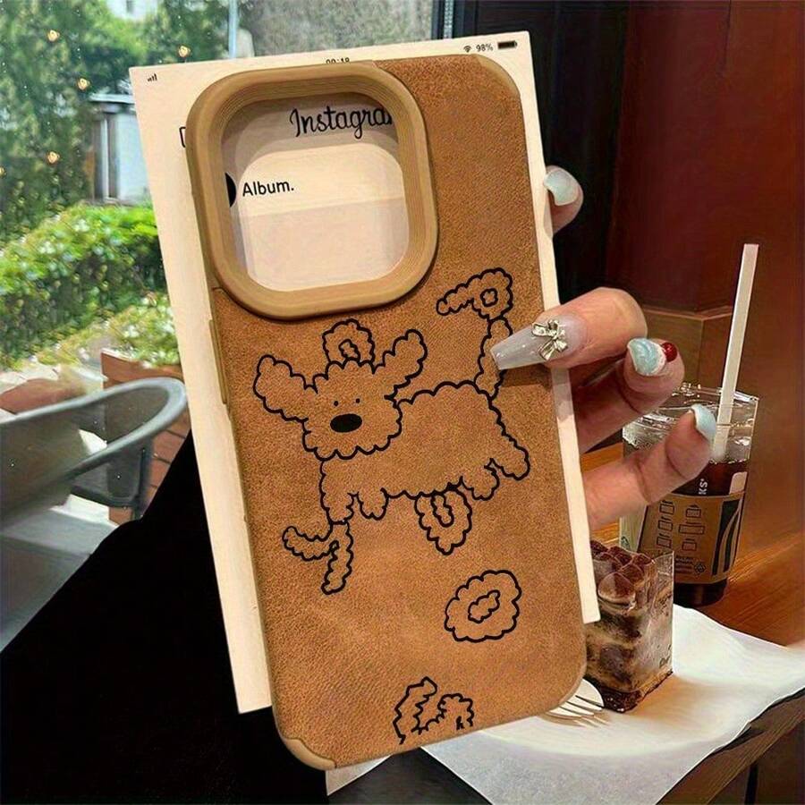 Dibujo simple de dibujos animados Patrón de cachorro Diseño artístico Teléfono de gamuza de cuero sintético de lujo mate, a prueba de golpes y resistente al desgaste, apto para color beige claro, unisex, compatible con 16/16 Pro/16 Plus/16 PMAX/15/15 Plus/15 Pro/15 Pro/14/14 Plus/ - Marrón - Ver 1