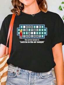 Inappropriate Adult Humor Quiz Puzzle Game Show Meme Funny T-Shirt Print Crew Neck T-Shirt For Summer, Women's Soft Short Sleeve Top, Stylish Comfy Tee For Women Graphic Tees - 黑色 - 查看 1