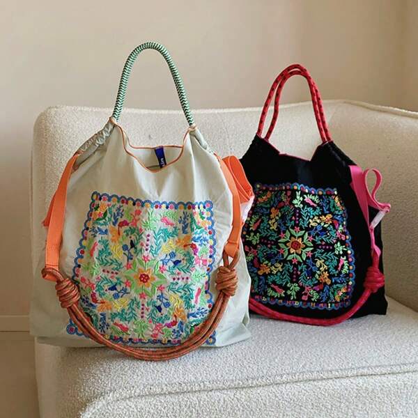 Boho-Stil Damen Umhängetasche mit besticktem Muster, Nylontasche mit großer Kapazität, leichte faltbare Aufbewahrungstasche, Pendlertasche, Modische Tasche, Reisetasche, Große Kapazität Handtaschen, Pendlertaschen, Damentaschen