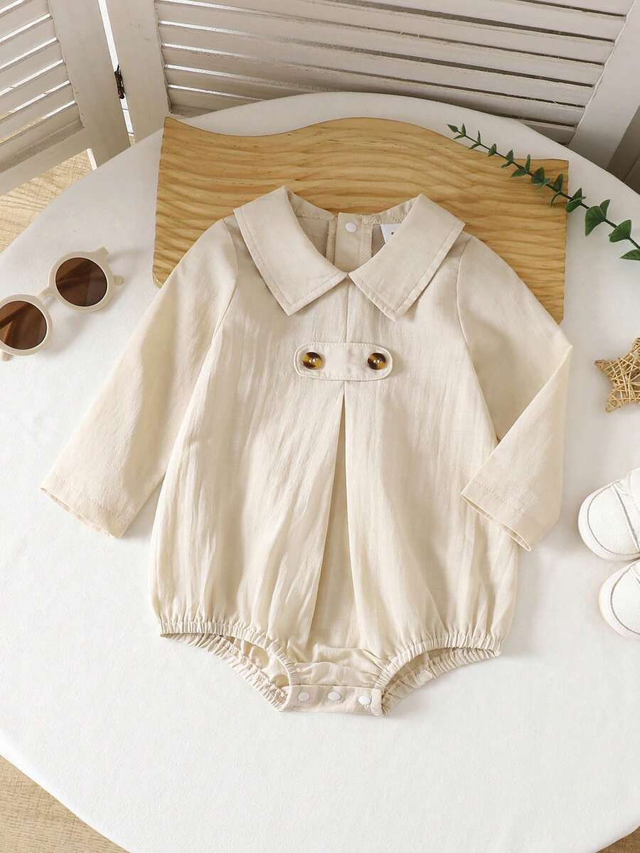 Infant Boys' Casual Solid Color Lapel Long Sleeve Romper, Relaxed Holiday Style Infant Clothing, Woven Soft & Comfortable, Half-Open Button Design, Suitable For Spring/Summer Outings, Family Vacations, Parties And Everyday Wear - Apricot - View 1