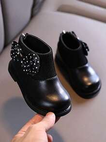 1 Pair Solid Color Girls' Boots With Bow, Anti-Slip Soles, Fashionable And Cute