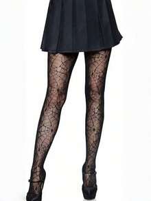 1 条女式万圣节渔网紧身裤，高腰蕾丝蜘蛛网图案紧身裤 - 黑色 - 查看 13