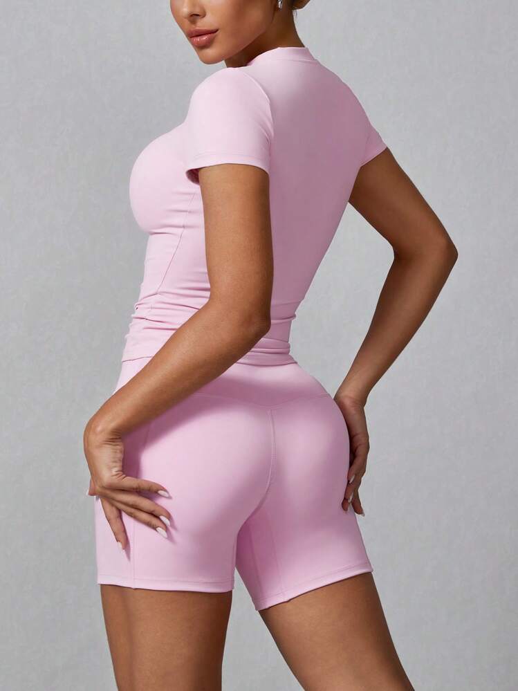 Conjunto deportivo de verano para mujer de unicolor simple con pantalones cortos y manga corta - Rosa - Añade 2