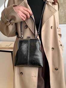 2025 新款时尚复古 PU 材质手提包，可拆卸女士单肩包，带纽扣开合钱包 - 黑色 - 查看 2