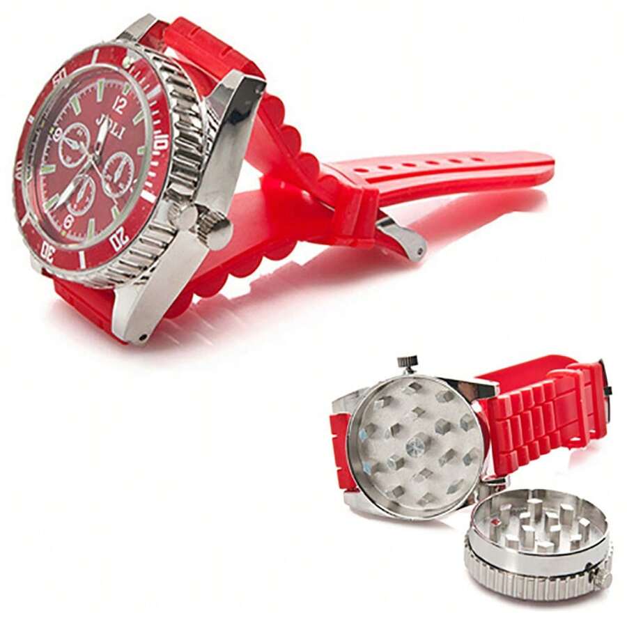 1pc 40mm Red Creative Watch Shaped Metal Grinder, 2-Layer Metal Herb Grinder, Tobacco Grinder