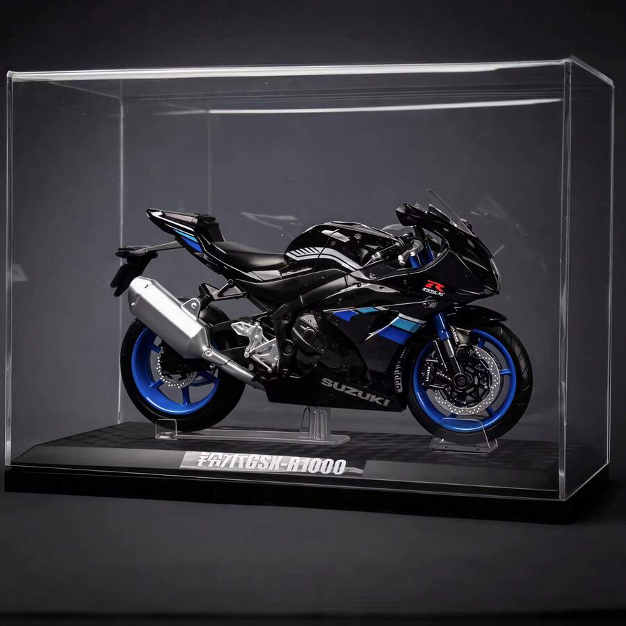 C C A 1:12 比例铃木 GSX-R1000 摩托车模型，黑色/蓝色可选，带/不带展示架，可直立，方向盘可移动，后轮带逼真悬架，是摩托车爱好者收藏的理想选择，适合男孩和女孩的玩具，街头/越野摩托车装饰，万圣节、圣诞节、生日礼物