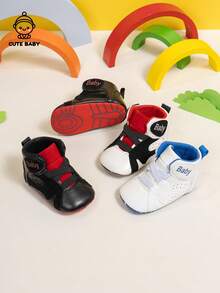 Fashionable Infant Boys' High-Top Casual Sneakers With Elastic Strap Design, Outdoor Lightweight Walking Shoes - White - View 2