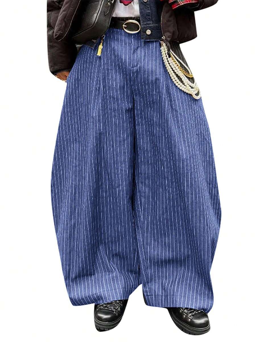INCERUN Mens High Waist Zipper Striped Casual Loose Wide Leg Trousers Long Harem Pants Bottoms - 深藍色 - 查看 1