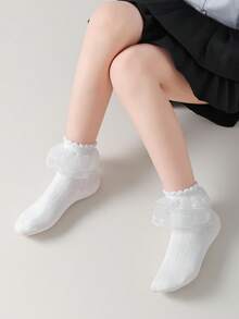 1/3 Pairs Girls White Lace Trim, Cute Ruffle Cuff Breathable Knit Crew Socks, Ins Style Princess Sailor Socks For Spring/Autumn, Suitable For Home, School, Dance, Party, Holiday Gift - Multicolor - View 4