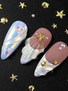 夏季美甲裝飾品 海洋風海星貝殼半圓珍珠混款迷你美甲飾品 金色美甲水鑽珍珠 海洋主題金屬片 DIY 美甲配件 Y2K 美甲飾品指甲飾件 - 彩色 - 查看 3