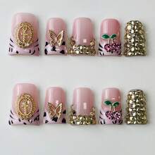 Y2K Duck Nails Short Handmade Press-On Nail Acrylic Nails, 10 Pcs Handmade 2025 Summer Pink Nails Embellished With Leopard Patterns, Gold Charms & Rhinestone Fringes For Party, Wedding, Holiday & Daily Wear-Reusable Gel Acrylic, Easy Application With Jelly Glue Set Included - 彩色 - 查看 4