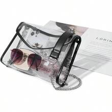 Clear Purse For Women Stadium Approved, Clear Crossbody Bag With Leather Edging For Concert Sports Events - 黑色-銀鍊配肩帶墊 - 查看 3
