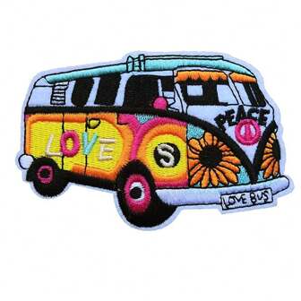 1pc Cartoon Peace Bus Embroidered Patch, Peace Letter & Bus Applique Clothing Accessory DIY Decoration