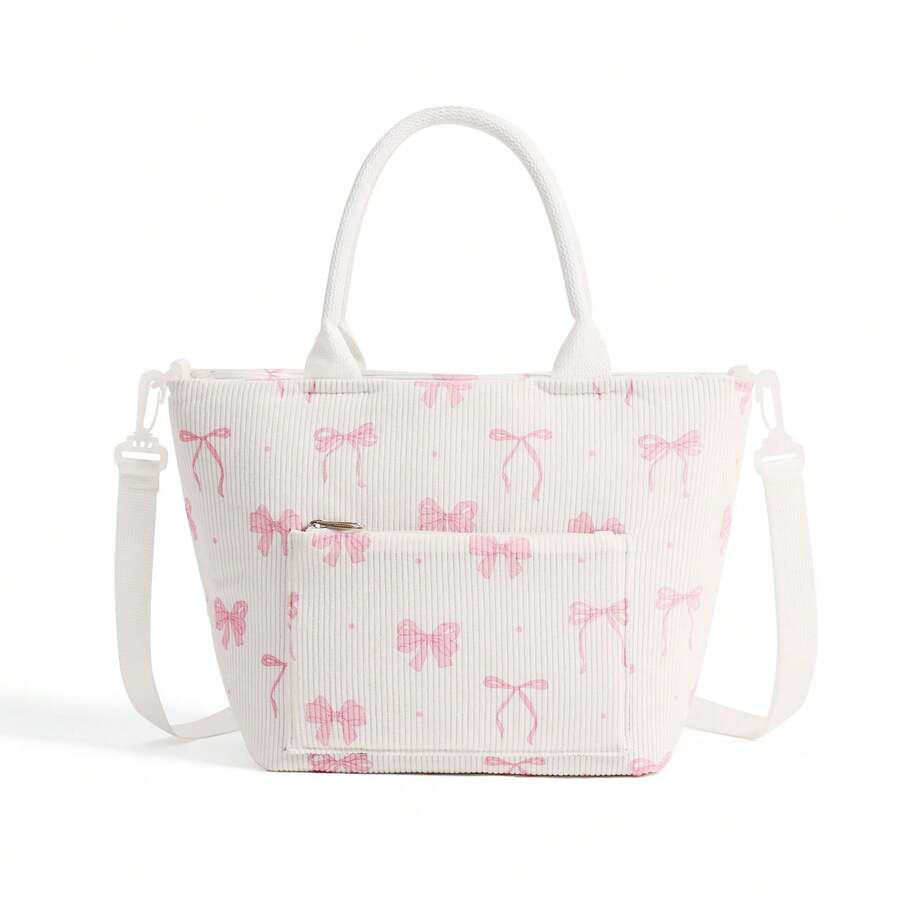 1 Piece Cute Floral&Bow Pattern Insulated Lunch Box Portable Lunch Tote Bag With Handle Corduroy Lunch Bag With Cherry Print Zippered Lunch Handbag With Woven Rope Decor Large Capacity Food Storage Bag With Compartment Suitable For Picnic, School, Office, Camping Suitable For Students, Teachers, Office Workers, Family Good Choice For Teacher's Day Gifts, Mom Gifts, Children's Day Gifts Back To School School Stuff Bag For School Lunch Bag For Women Cooler Bag Picnic Accessories, Home Decor, Party & Christmas Storage - 蝴蝶結 - 查看 1