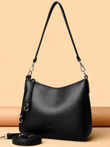 正品品牌女士软皮单肩包，奢华设计师斜挎包，女士休闲手提包，邮差包，工作包 - 黑色 - 查看 3