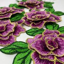 3 件/包 3D 牡丹花刺绣布贴，带彩色 3D 金色边缘，牛仔服装贴花 - 彩色 - 查看 4