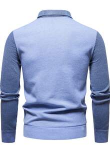 Men's Autumn/Winter 2 In 1 Polo Collar Patchwork Casual Deer Horn Knitted Sweater, Inner & Outer Wear, Long Sleeve Top - Baby Blue - View 2