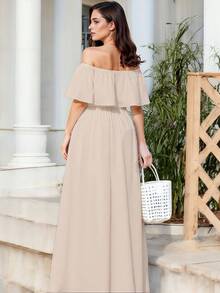 Vestido Largo de Escote Recto y de Hombros Descubiertos con Volantes, y Bajo con Abertura Lateral Elegante para Mujer - Beis - Ver 2