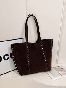 1 Túi đeo vai thời trang dành cho nữ, Túi tote đa năng dung tích lớn dành cho nữ, Trang trí đinh tán, Màu trơn dùng hàng ngày, Thích hợp để mua sắm, đi làm, đi học - Cà phê - Xem 9