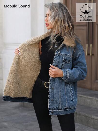 Chaqueta de mezclilla de estilo universitario para jóvenes, de moda casual polivalente y deportiva, con forro polar cálido y a prueba de viento, para mujer, estilo Y2K, color azul, para primavera, otoño e invierno