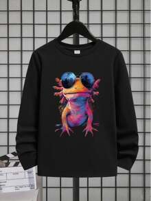 T-shirt à manches longues col rond avec imprimé graphique pour garçon préadolescent, Top pour l'automne/hiver - Noir - Voir 3