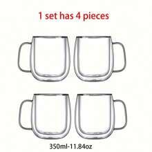 1-2-4 件套，350ml/250ml 简约透明双层玻璃杯，隔热时尚，带手柄，适合咖啡、果汁，多用途使用，适合返校
