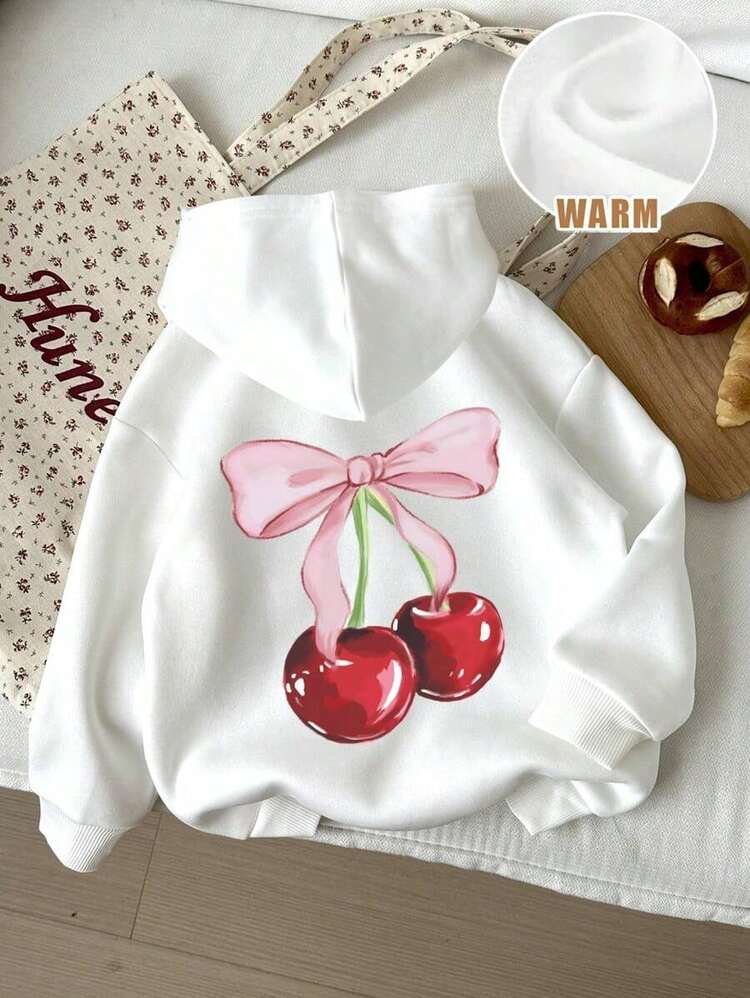 Sudadera con capucha de manga larga y corte holgado para mujer, de estilo minimalista y casual, con lazo y estampado de flores de cerezo, moda femenina, ropa para Navidad y Año Nuevo - Blanco 2 - Añade 1