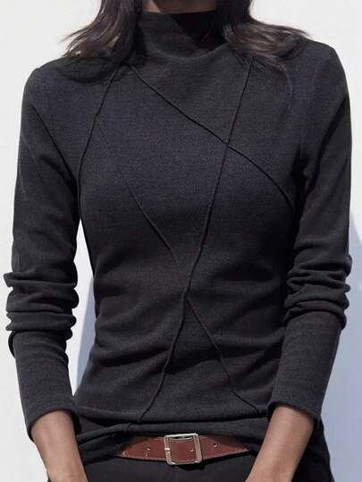 Plus Size Thermal Lined Turtleneck Pullover For Women, Autumn/Winter 2025 New Arrival, Thermal Fabric Patchwork Fishbone Design Base Layer Top