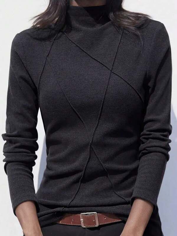 Plus Size Thermal Lined Turtleneck Pullover For Women, Autumn/Winter 2025 New Arrival, Thermal Fabric Patchwork Fishbone Design Base Layer Top