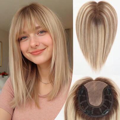 7x7 Large Silk Base Human Hair Topper 12 Inch Straight 100% Real Human Hair Toppers For Women With Thinning Hair Cover Gray Roots