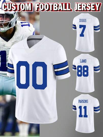 Customized Name & Number Men's Embroidered American Football Jersey, Dallas White V-Neck Personalized Short Sleeve Shirt, Suitable For Party, Match, Training, Competition, DIY Style, Size S-XXL Summer