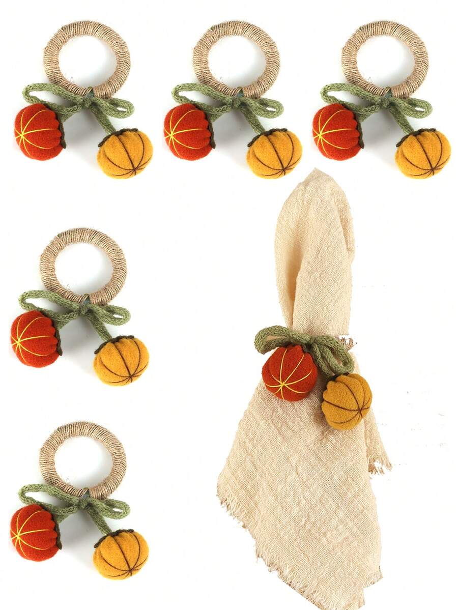 1/4/6 pièces Anneaux de serviette en toile de jute double citrouille d'Halloween, convient pour la décoration de table d'Halloween, porte-serviettes citrouille de Thanksgiving - Multicolore - Voir 1