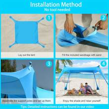 Cort pliabil portabil automat, cort de plajă cu protecție UV UPF 50+, adăpost solar, baldachin portabil cu 4 saci de nisip, stâlpi și frânghii anti-vânt pentru camping, curte, picnicuri, plajă și întâlniri în aer liber, adăpost solar pentru cort de plajă, adăpost pentru curte, elemente esențiale pentru picnic, suport robust pentru stâlpi, cort de plajă pliabil automat, protecție UV, cort de camping