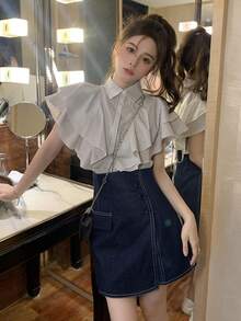 Summer Unique Collar Blouse With Ruffle Trim And Tie, Versatile Striped Shirt For Women - White - View 1